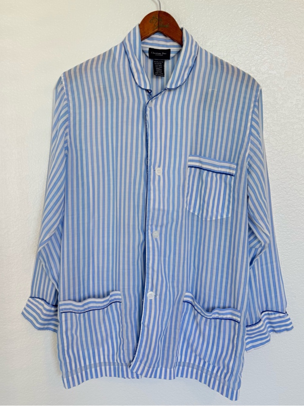 Vintage Christian Dior Monsieur Pajama Shirt Mens Small Blue Stripe Sleepwear